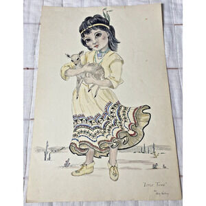 Ellen Nelson Colored Art Print Little Fawn 17"x12" Vintage Big Eye Indian Girl